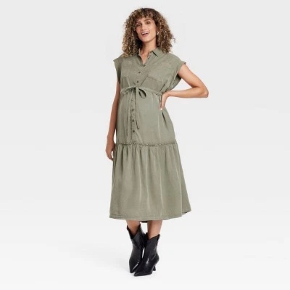 Women’s Short Sleeve Button-Front Belted Maxi Maternity Dress - Isabel Maternity